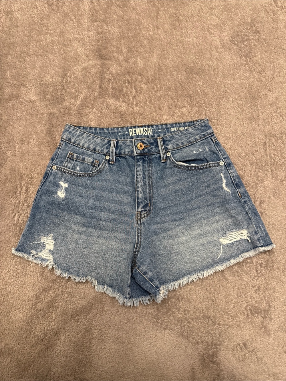 Rewash Super High Rise Distressed Blue Denim Cut Off Shorts Juniors 3 26"